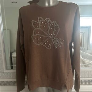 Brown Sweatshirt with Beaded Floral Design